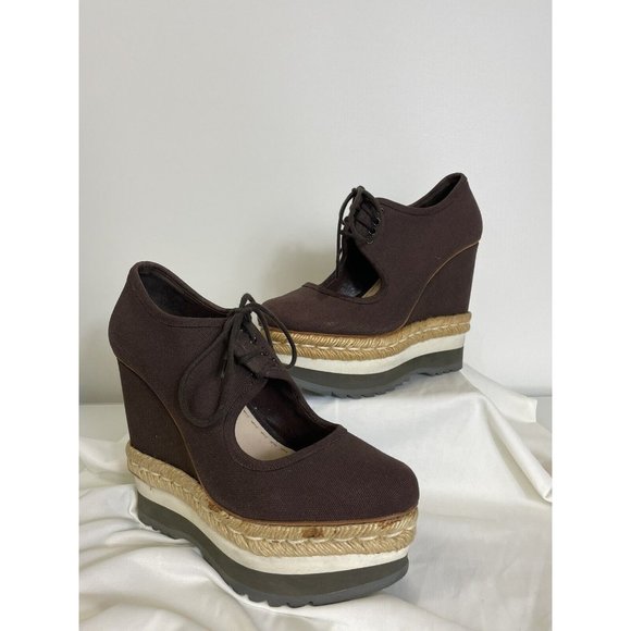 PRADA Espadrille Wedges In Brown Canvas Sz US 6.5 (Read Description) - Picture 1 of 11